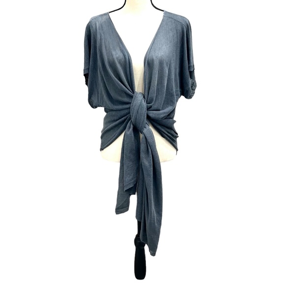 PURE DKNY STEEL BLUE LINEN SHORT SLEEVE MULTIWAY DRAPE FRONT OPEN CARDIGAN - Picture 11 of 16